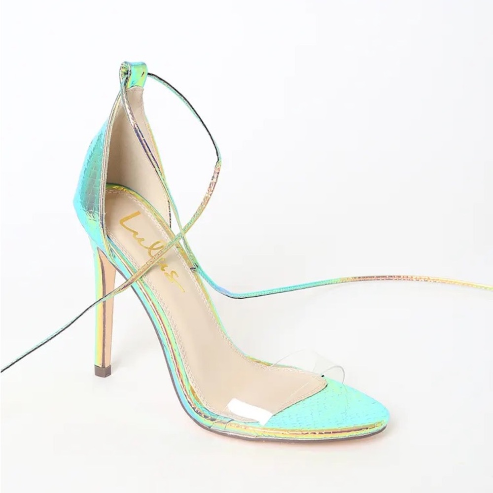 Lulu's Iridescent Aqua Lace-Up Stiletto Sandals Size 7.5